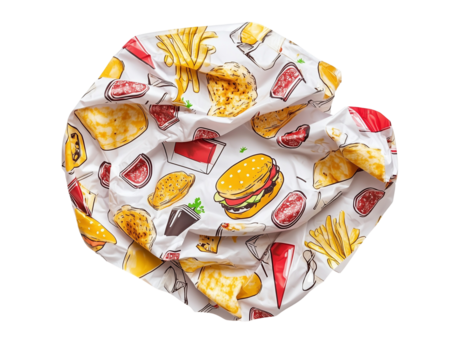 Crumpled fast food wrapper with burger and fries pattern