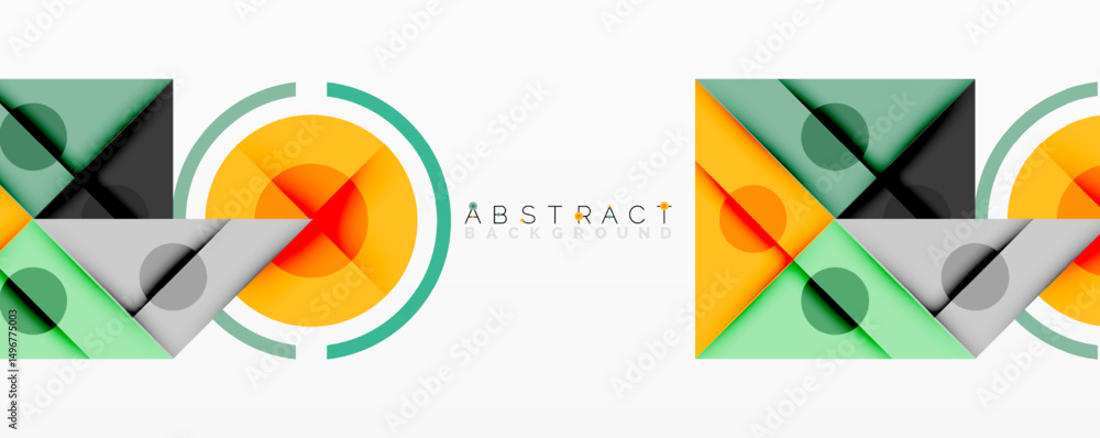 Poster geometric shapes overlap, creating vibrant abstract design. orange, green, gray tones dominate compo
