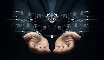Hands Holding Digital Interface with Artificial Intelligence Concept in Dark Background Representing Future Technology and Data Connection