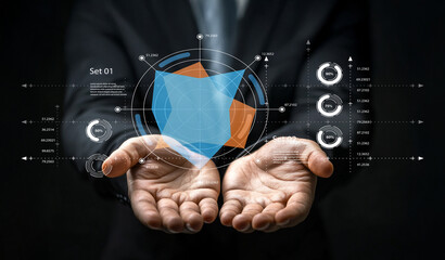 Business Professional Displaying Data Visualization with Graphical Elements in Hands for Modern Technology and Analysis Concept