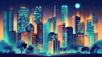 Luminous city skyline bathed in celestial light and vibrant reflections