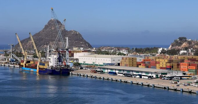 Mazatlan Mexico port fuel container cargo ships. Commercial seaport cargo, containers, automobiles, fishing and cruise ships. International industrial trade of products supplies. Port, harbor marina. 