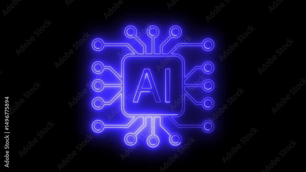Poster animation of a neon glowing ai chip with an alpha channel with black background