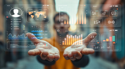 Man Displaying Digital Data Interface with Graphs, World Map, and Statistical Information in Urban Background