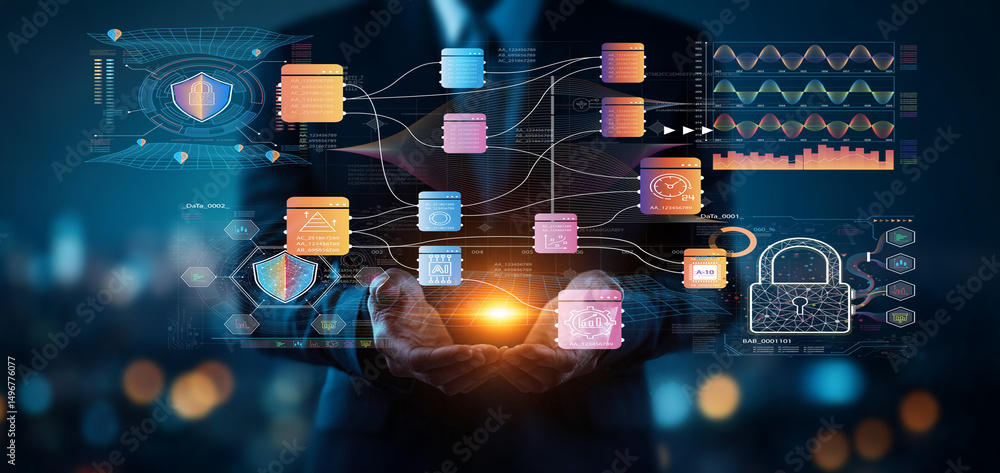 Poster businessman holding digital security interface with data protection elements in modern technology th