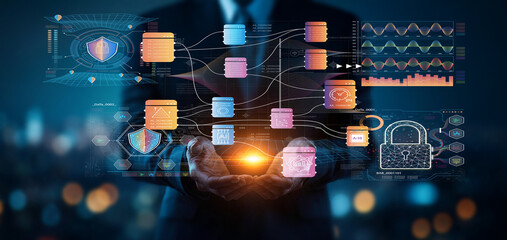 Businessman Holding Digital Security Interface with Data Protection Elements in Modern Technology...