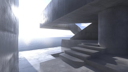 Modern concrete architectural structure overlooking a tranquil ocean vista