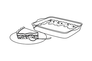Black And White Line Drawing Of Apple Crisp With Slice On A Plate