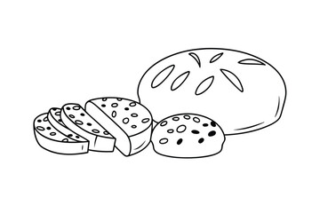 Black And White Illustration Of Whole And Sliced Raisin Bread Buns Isolated