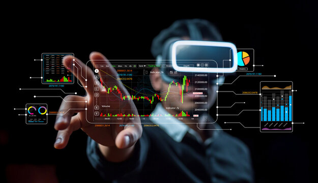 Business professional using virtual reality headset to analyze financial data on futuristic digital interface with charts, graphs, and market trends