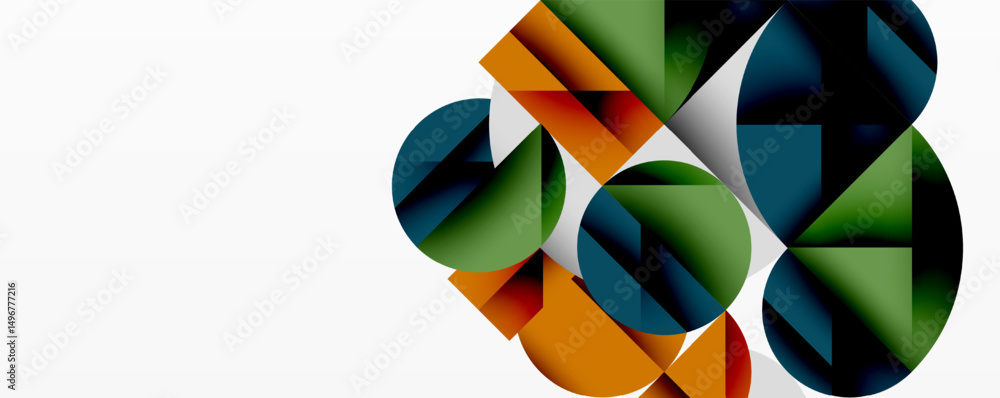 Poster Abstract geometric shapes overlap, creating colorful composition. Circles, triangles form dynamic visual pattern. Minimalist design.