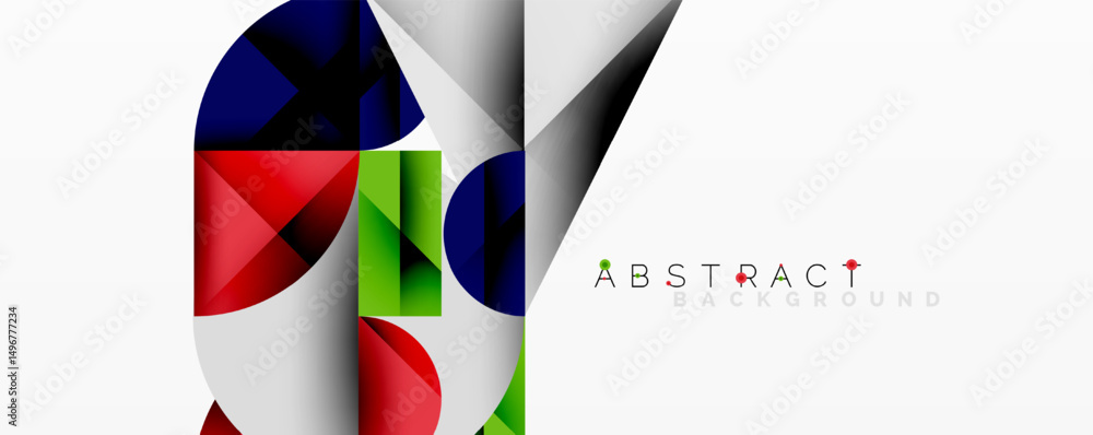 Poster geometric shapes overlap, creating vibrant abstract design. white space provides clean contrast, mod