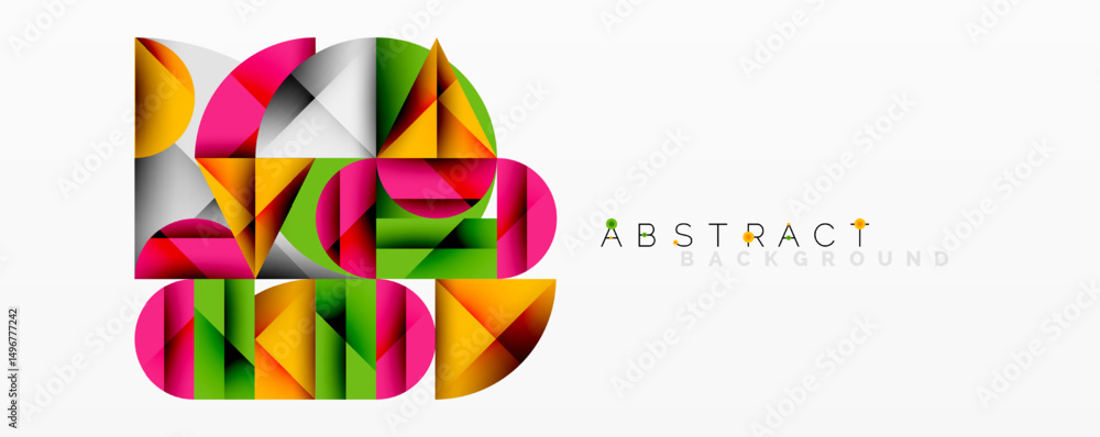 Poster colorful geometric shapes overlap creating modern abstract design. bright hues blend, forming dynami