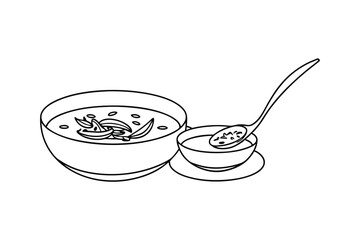 Outline Drawing Of Soup In Bowls With Spoon Ready To Eat