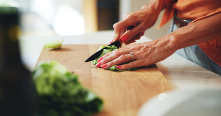 Meal prep, woman and hands cut vegetables in kitchen for healthy salad, dinner recipe and nutrition. Closeup, person and lettuce ingredients for vegetarian dish, lunch cuisine and vegan food in home