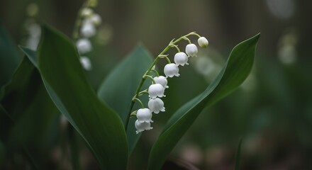 森深く咲く清楚な鈴蘭 柔らかな光に包まれて. AI Generated