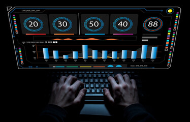 Hands typing on keyboard with digital analytics dashboard displaying graphs, metrics, and data insights in a futuristic workspace environment