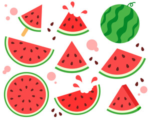 Red Watermelon fruit slice set, Summer fruit collection, Vector illustration.