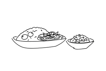 Hand Drawn Illustration Of Rice Bowls With Food In Monochrome