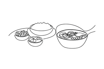 Continuous Line Art Of Ramen Bowl With Rice And Assorted Side Dishes