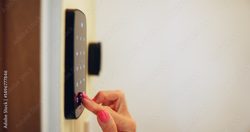 Poster Door, password and hands on smart lock, home and keyless entry with security system for access and safety. House, electronic and person with tech for code, mockup space and keypad for remote control