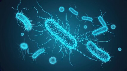 depiction of microscopic viruses, bacteria, and fungi at the cellular scale, with glowing effects and swirling movements, creating an engaging and informative background for science