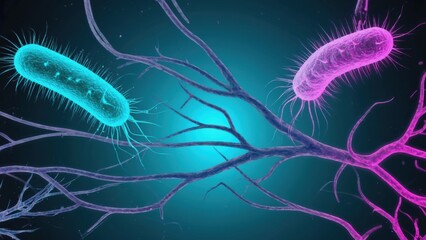 depiction of microscopic viruses, bacteria, and fungi at the cellular scale, with glowing effects and swirling movements, creating an engaging and informative background for science