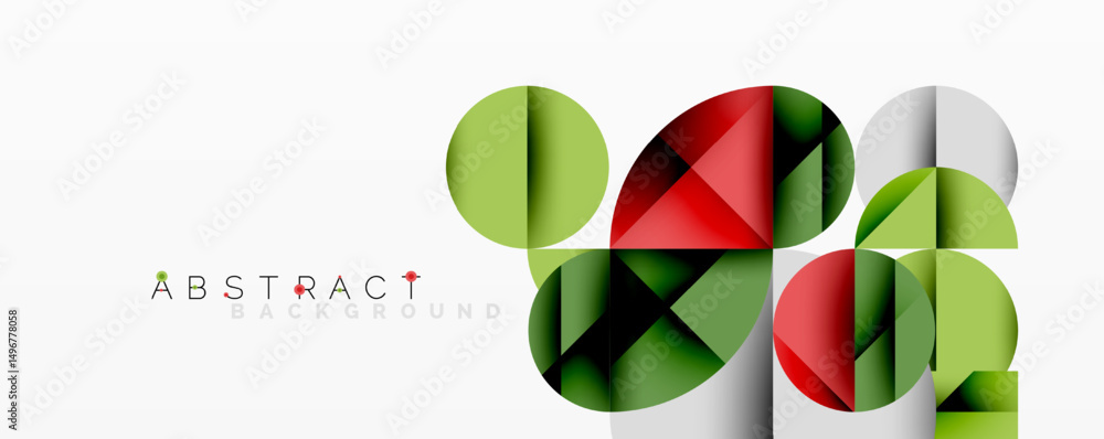 Poster Geometric shapes overlap, creating vibrant colorful design. Circles, squares, triangles form modern abstract pattern. Clean aesthetic.