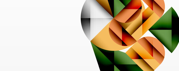 Abstract geometric composition. Shapes overlap, creating dynamic visual interest. Colors include orange, green, red, white. Modern design.