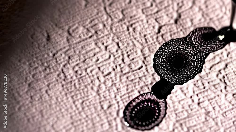 Poster close-up of dark liquid dripping onto textured surface, creating an abstract pattern with shadows an