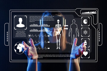 Futuristic Health Monitoring Technology with User Interface, Biometrics, and Human Anatomy Illustrations in a Medical Research Environment