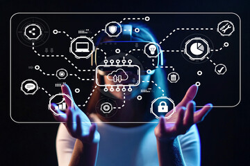 Woman Interacting with Virtual Reality Interface Displaying Digital Icons and Data Analysis Concepts in Futuristic Setting