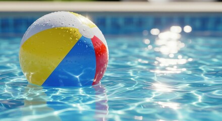 Colorful beach ball floating in a swimming pool.