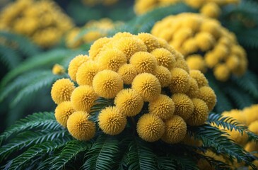Fototapeta premium close-up of vibrant yellow mimosa flowers amidst lush greenery