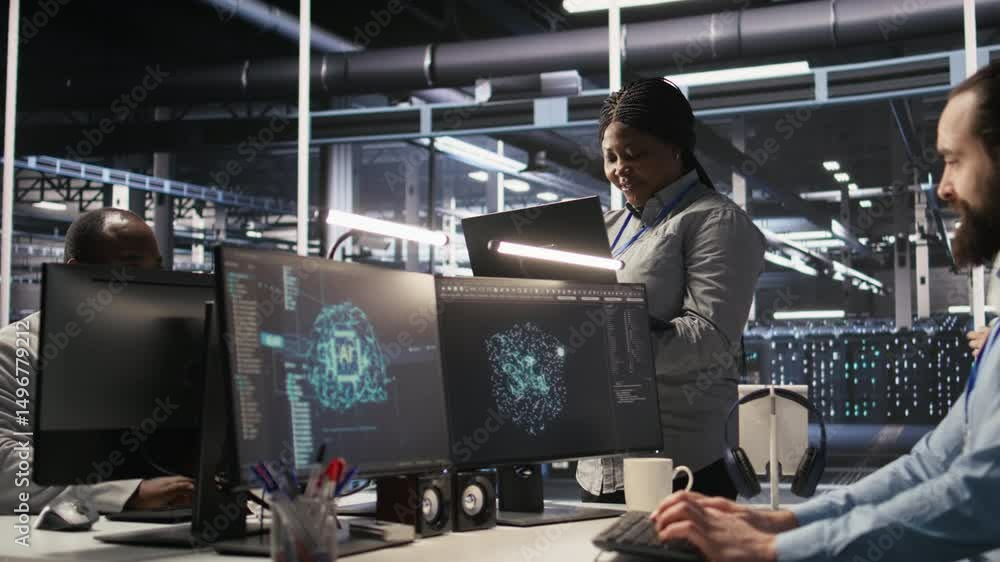 Poster data center manager supervising engineer developing software to analyze neural networks at computer 