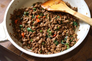 stir fried ground beef with chili and basil leaf