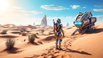 A futuristic desert with glowing sand dunes and robotic explorers, Cinematic theme, HDR, Vibrant