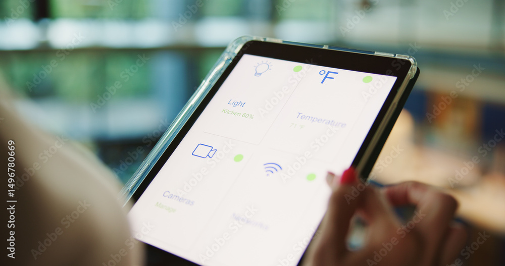 Poster Tablet, screen and hand with smart home app for security system, dashboard and change network settings. Display, technology and woman control house, lights or air conditioning automation closeup