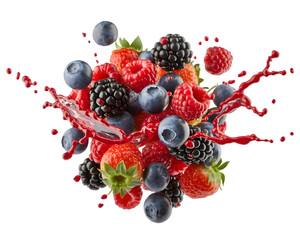 Assorted Fresh Berries Floating In Juice On A White Background Vibrant Colors