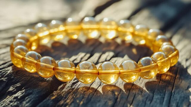 Citrine bracelet resting on rustic wood in golden sunlight