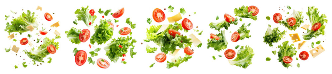 PNG Fresh vibrant salad ingredients scattered, elements on transparent background