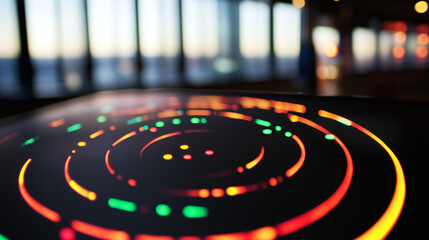 Close-up of air traffic control radar screen with glowing flight paths and control tower windows , aviation monitoring technology concept with real-time data visualization and flight safety systems.