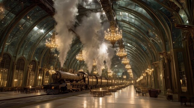 Vintage steam train in an elegant glass-ceiling station adorned with chandeliers, blending steampunk and fantasy styles.