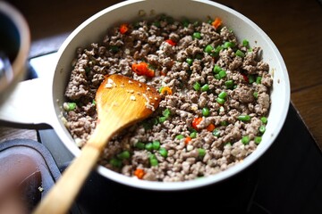 stir fry ground beef with chili and basil