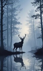 Elegant deer vector silhouette against a blue misty woodland , illustration, vector graphic, nature art
