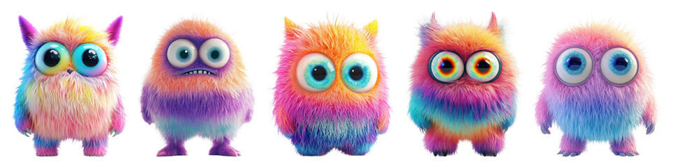 Fototapeta premium PNG Colorful fluffy cartoon creatures, element set on transparent background