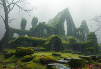 Ancient, moss-covered elven ruins shrouded in mist, mist, book cover