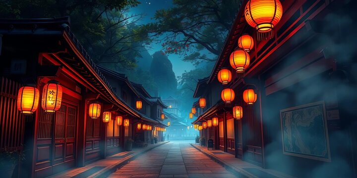 Ancient Japanese street at night, lanterns illuminate misty path, fantasy anime style, painting, fantasy