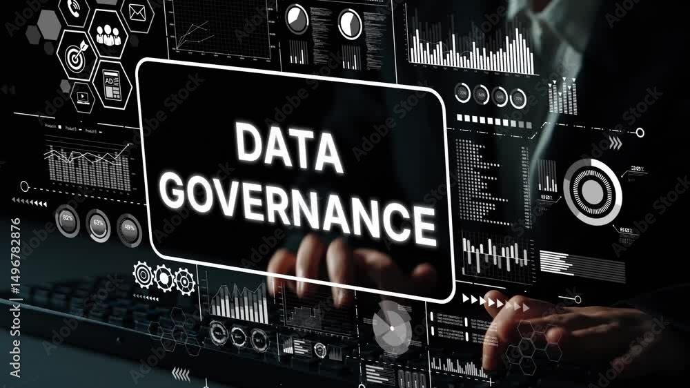 Poster modern concept of data governance with digital dashboard and business analytics representation. asym