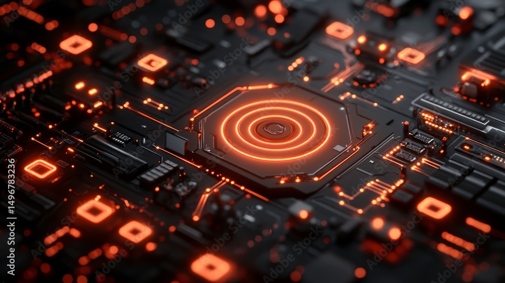 Poster high-tech circuitry: explore the intricate details of a futuristic circuit board, where advanced tec